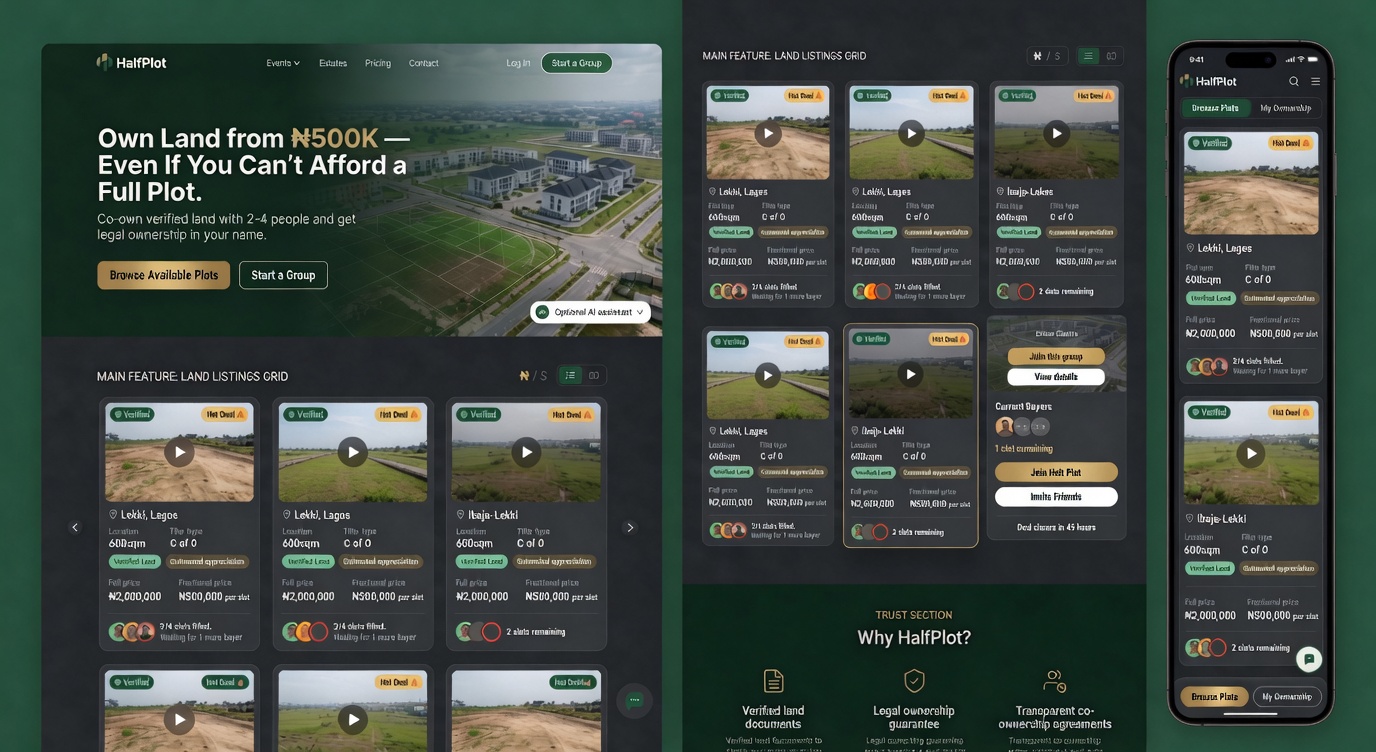 Half-Plot product interface showing a land listings marketplace with property cards, co-ownership groups, and verified land badges